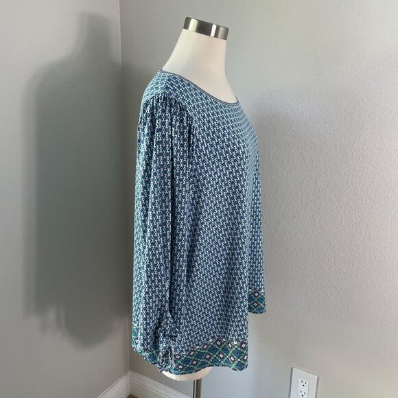 Max Studio Womens Plus 2X Blue Green Printed Blouse Tie Sleeve Stretch Tunic Top - Picture 3 of 11